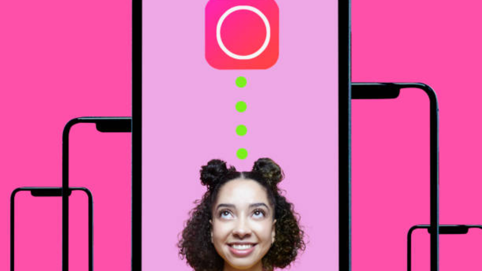 collage of non-binary multiracial person looking up at mobile app in mobile phone